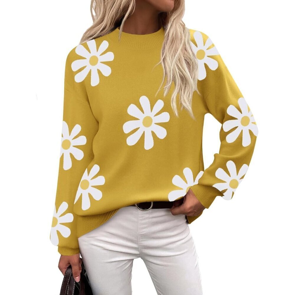 Zeagoo Women Yellow-flower Long Sleeve Pullover Ribbed Knitted Pattern Sweater